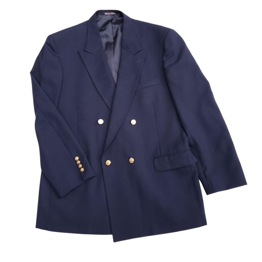 VTG Stafford Blue Wool Blend Gold Button Double Breasted Jacket Sport Coat 44L